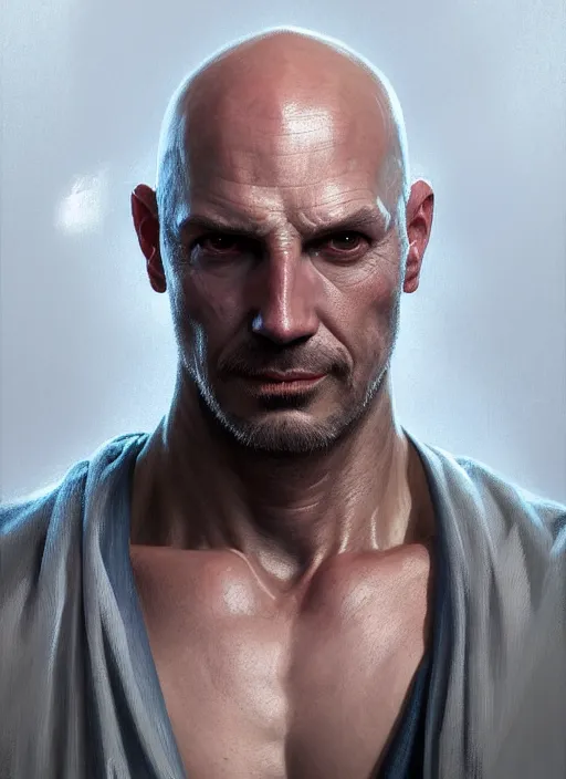 Image similar to Portrait of a man, bald, scarred! D&D, muscular, robes, intricate, elegant, highly detailed, digital painting, artstation, concept art, smooth, sharp focus, illustration, art by artgerm and greg rutkowski and alphonse mucha