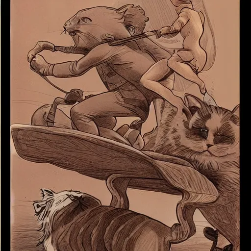 Prompt: a moebius drawing small people riding an gigantic cat