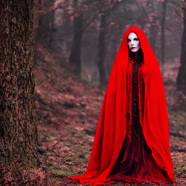 Prompt: photograph of a real-life beautiful red witch with intricate cloak. Extremely detailed. 8k