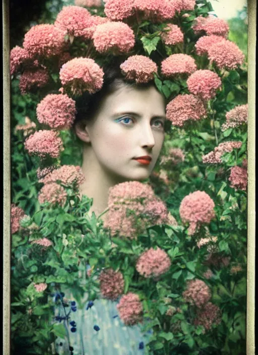 Image similar to portrait photograph of a very beautiful!!! modern female model. symetric face. in a garden. flowers. autochrome Louis Lumières. round detailed eyes!!!!. bokeh
