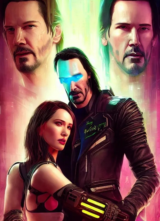 Prompt: a cyberpunk 2077 couple portrait of a Keanu Reeves as johnny silverhand and a female android in final kiss,love,fantasy, intricate, elegant,film lighting,art by John Collier and Albert Aublet and Krenz Cushart and Artem Demura,artstation,deviantart,FAN ART,full of color,Digital painting,face enhance,highly detailed,8K,octane,golden ratio,cinematic lighting