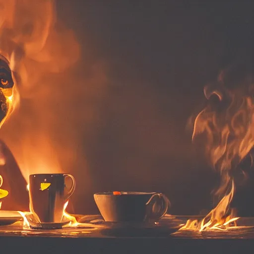 Image similar to a photograph of an orange humanlike dog in his house, sitting relaxed at a table, ☕ on the table, surrounded by flames and fire, smoke above him