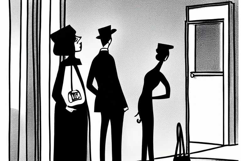 Image similar to tall, security guard checks the bags of a worried looking woman, art in the style of the new yorker, ed koren