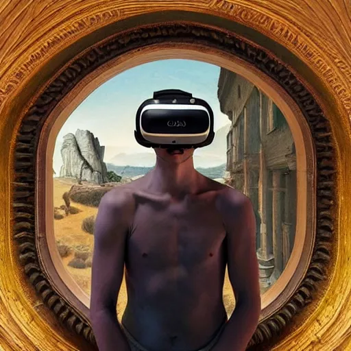 Image similar to Colour Caravaggio and Leonardo da Vinci style full body portrait Photography of Highly detailed Man with 1000 years old perfect face wearing highly detailed sci-fi VR headset designed by Josan Gonzalez. Many details In style of Josan Gonzalez and Mike Winkelmann and andgreg rutkowski and alphonse muchaand and Caspar David Friedrich and Stephen Hickman and James Gurney and Hiromasa Ogura. Rendered in Blender and Octane Render volumetric natural light