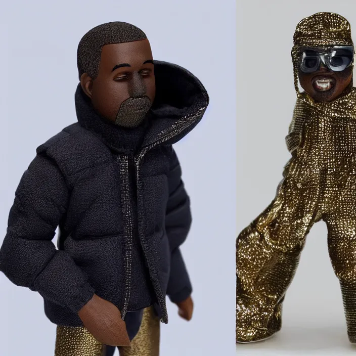 Image similar to a goodsmile figure of kanye west using a black face - covering mask made of cloth with small holes, a blue undersized open puffer jacket, a black shirt underneath, small gold chain, and black rubber boots, figurine, detailed product photo