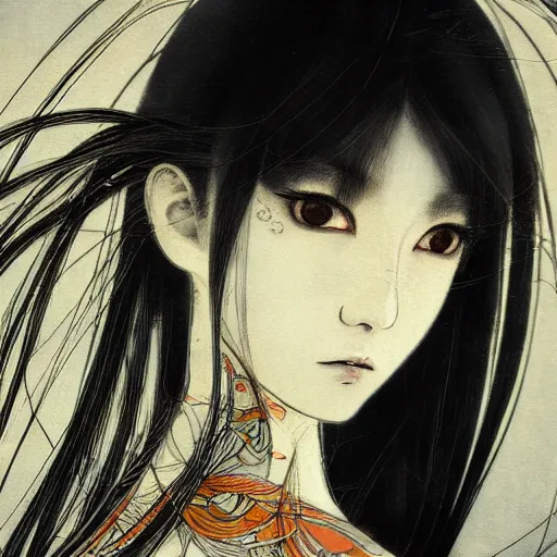 Image similar to yoshitaka amano blurred and dreamy realistic illustration of a japanese young woman with black eyes, wavy white hair fluttering in the wind wearing elden ring armor with engraving, abstract patterns in the background, satoshi kon anime, noisy film grain effect, highly detailed, renaissance oil painting, weird portrait angle, blurred lost edges, three quarter view