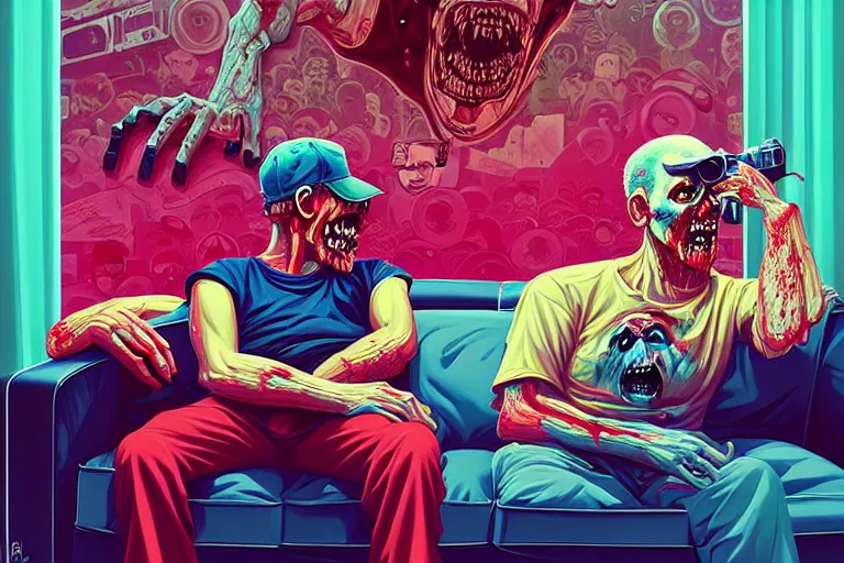 Image similar to a zombie dad sitting on the couch and watching tv, tristan eaton, victo ngai, artgerm, rhads, ross draws