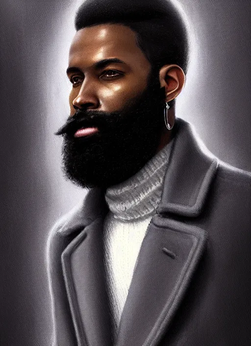 Image similar to portrait of handsome black man wearing grey peacoat, luxury townhome interior, beard, wealth and luxury, elegant atmosphere, glowing lights, highly detailed, digital painting, artstation, concept art, smooth, sharp focus, illustration, art by wlop, mars ravelo and greg rutkowski