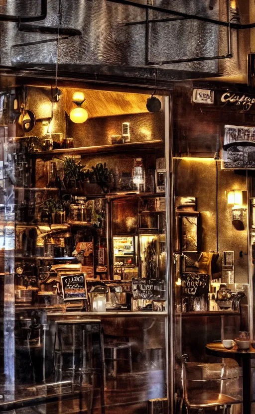 Prompt: close up realistic detailed photo of a cozy coffee shop, hdr, chrome, reflections, volumetric lighting, copper, black, diffuse light
