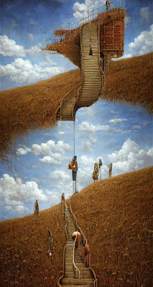 Image similar to surreal the stairways to the sky in the steppe, in game pathologic 2, by jacek yerka, by levitan, oil on canvas, acrylic, digital art, royal academy, masterpiece, trending on artstation, cinematic composition, sharp, details, hyper - detailed, hd