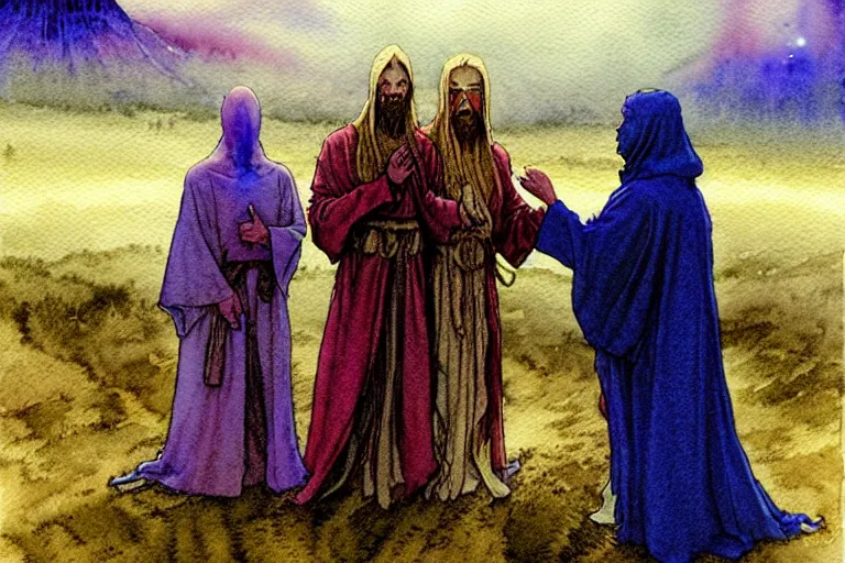 Image similar to a realistic and atmospheric watercolour fantasy character concept art portrait of a three christians wearing robes greeting an alien. they are emerging from the mist on the moors of ireland at night. a ufo is in the background. by rebecca guay, michael kaluta, charles vess and jean moebius giraud