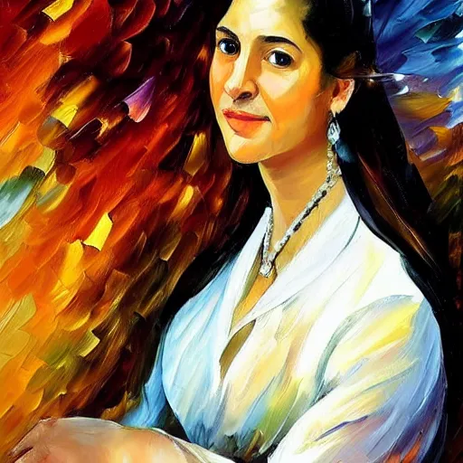 Image similar to portrait of a middle aged ancient noblewoman with a pretty face, brown skin and long brown hair. by leonid afremov
