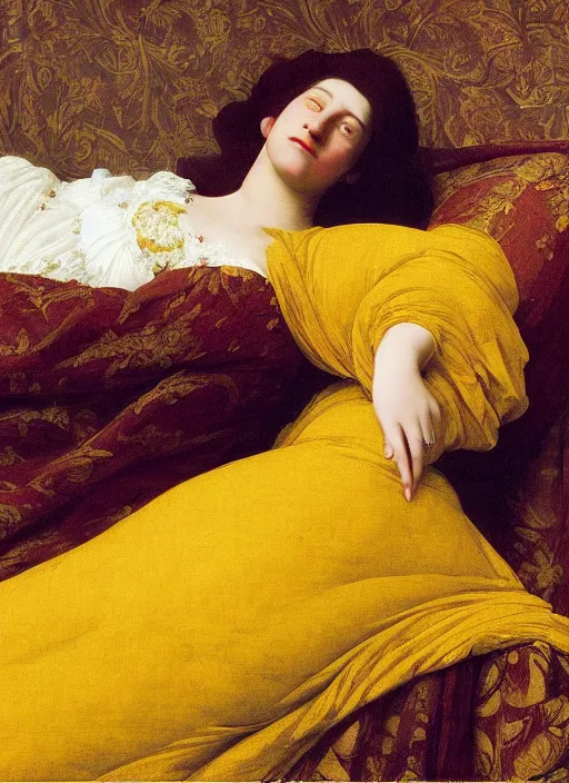 Image similar to masterpiece portrait of lady reclining on bed wearing yellow ochre ornate medieval dress, vertical, foreshortening, colour photography by frederic leighton, william morris, 8 k