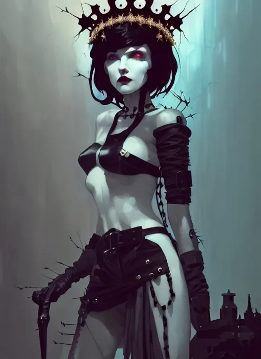 Image similar to cute goth maiden girl with crown of thorns and white short hairs, dressed in leather belts, warhammer, cyberpunk, by atey ghailan, by greg rutkowski, by greg tocchini, by james gilleard, by joe gb fenton, by kaethe butcher, dynamic lighting, gradient light blue, brown, blonde cream and white color in scheme, grunge aesthetic