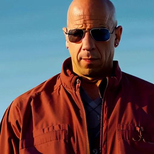 Prompt: film still of vin diesel as walter white selling meth in Breaking Bad