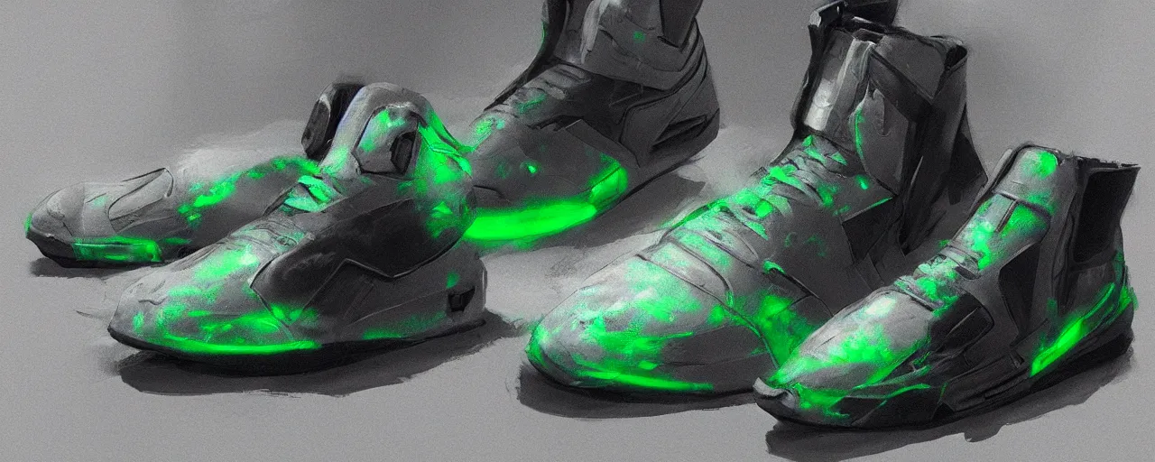 Prompt: looking at the side of a futuristic sneaker from Rebok, art by Gerald Parel, trending on Artstation, hightop, black and white, leather, suede, chrome, green neon, green lasers, photorealism, hyperrealism artstation