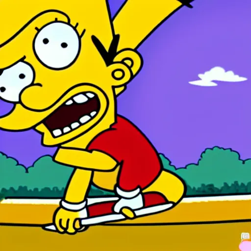 Image similar to bart simpson jumping over homer on his skateboard in the style of bill plympton 4 k