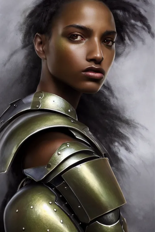 Image similar to a photorealistic painted portrait of an attractive young black girl, partially clothed in metal-plated battle armor, olive skin, long dark hair, flawless skin, beautiful bone structure, perfectly symmetric facial features, perfect photorealistic eyes, natural physique, intricate, elegant, digital painting, concept art, finely detailed, beautifully illustrated, sharp focus, minimal artifacts, from Metal Gear, by Ruan Jia and Mandy Jurgens and Artgerm and William-Adolphe Bouguerea, in the style of Greg Rutkowski, trending on Artstation, award winning art