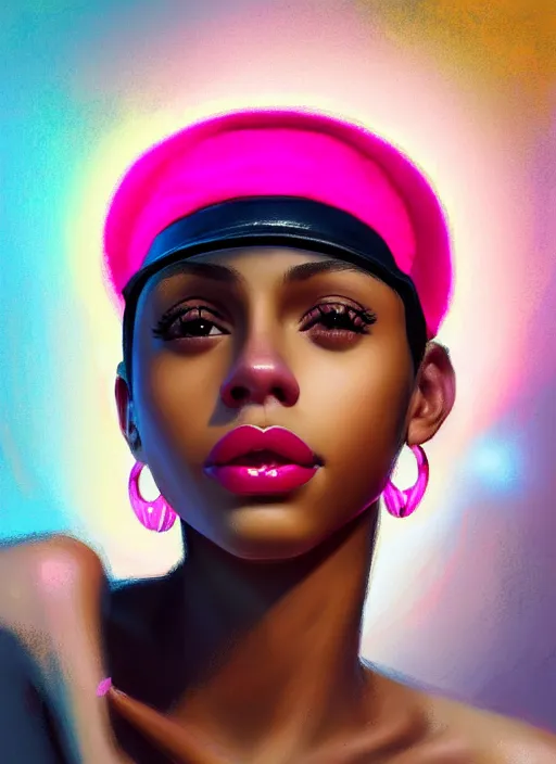 Image similar to portrait of teenage vanessa morgan with bright pink hair, black girl, vanessa morgan, curly pixie cut hair, wearing newsboy cap, newsboy cap, hoop earrings, intricate, elegant, glowing lights, highly detailed, digital painting, artstation, concept art, smooth, sharp focus, illustration, art by wlop, mars ravelo and greg rutkowski