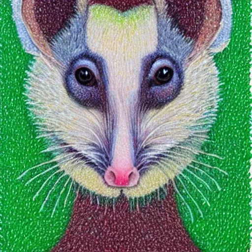 Prompt: pointillism portrait painting of a virginia opossum with a green apple on its head