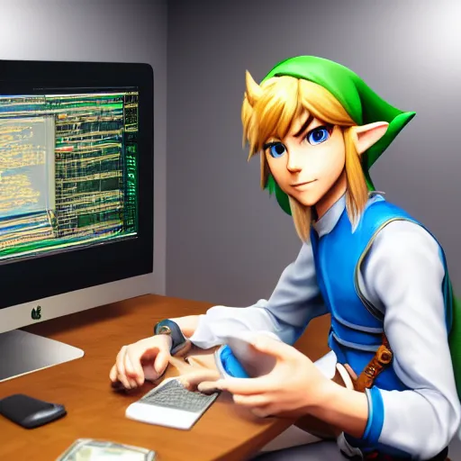 Image similar to Link from Zelda, sitting at a desk programming on a computer, close-up shot, cozy, elegant, realistic character concept, indoor lighting, hyperdetailed, high resolution, insanely detailed and intricate, Yusuke Nakano