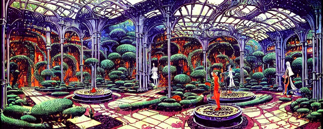 Image similar to a luxurious scifi futuristic victorian garden courtyard by robert mccall, killian eng, moebius, philippe druillet