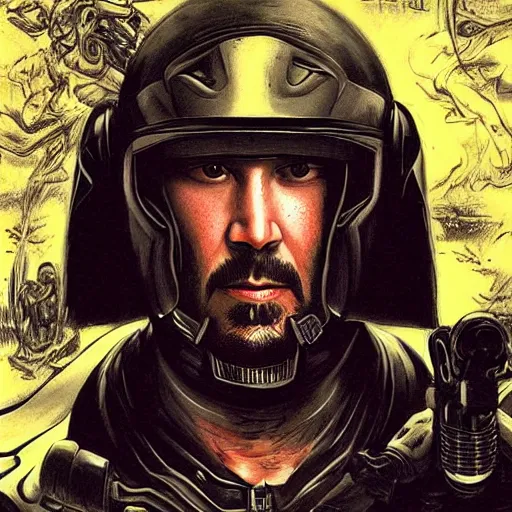 Prompt: Keanu Reeves space ninja by Giger and Moebius 8k artstation trending