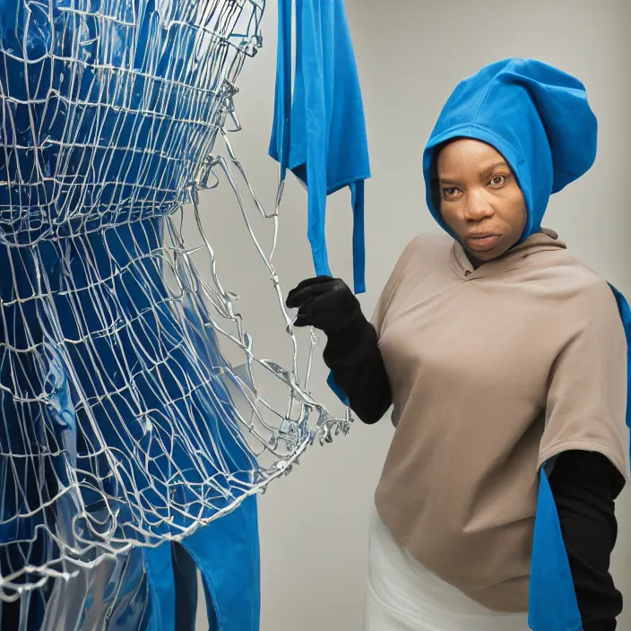 Image similar to a woman wearing a hood made of wire and plastic, in a laundry mat, color photograph, by kehinde wiley, canon eos c 3 0 0, ƒ 1. 8, 3 5 mm, 8 k, medium - format print