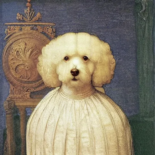 Image similar to portrait of a white poodle as an italian queen, painting by leonardo da vinci