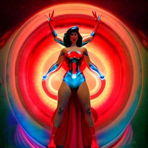 Image similar to darna, wax figure, glowing eyes, volumetric lights, red and cyan theme, art nouveau botanicals, intricate, highly detailed, digital painting, artstation, concept art, smooth, sharp focus, cinematic, illustration, beautiful face, art by artgerm and greg rutkowski and alphonse mucha