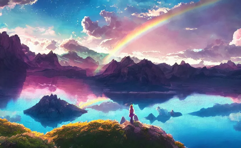 Image similar to a beautiful art of lake in foregraund and rainbow colored sky on background by Miyazaki Nausicaa Ghibli, 8K, hyper detailed, 20K, realistic, product lighting, by onesal, by sixnfive , behance 3d , studio photography DSLR, Photoreal epic composition