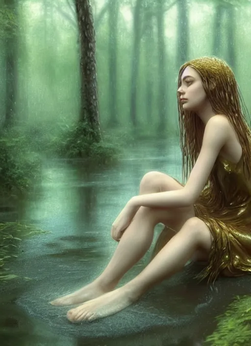 Image similar to young woman sitting : : wet hair and dress : : raining forest nature : : weta disney pixar movie still photo : : decadent highly - detailed digital painting, full length shot, golden ratio, octane render, artstation, smooth, sharp focus, artgerm, mucha, loish, wlop, gogo