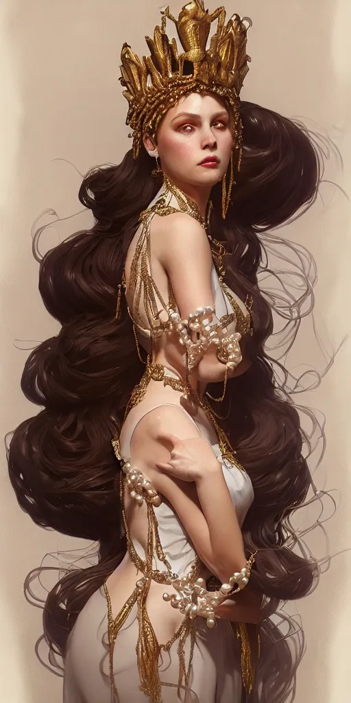 Prompt: a realistic liquid queen with a decorated dress made of white pearls , highly detailed, digital painting, Trending on artstation , HD quality, by artgerm and greg rutkowski and alphonse mucha, dramatic light, octane