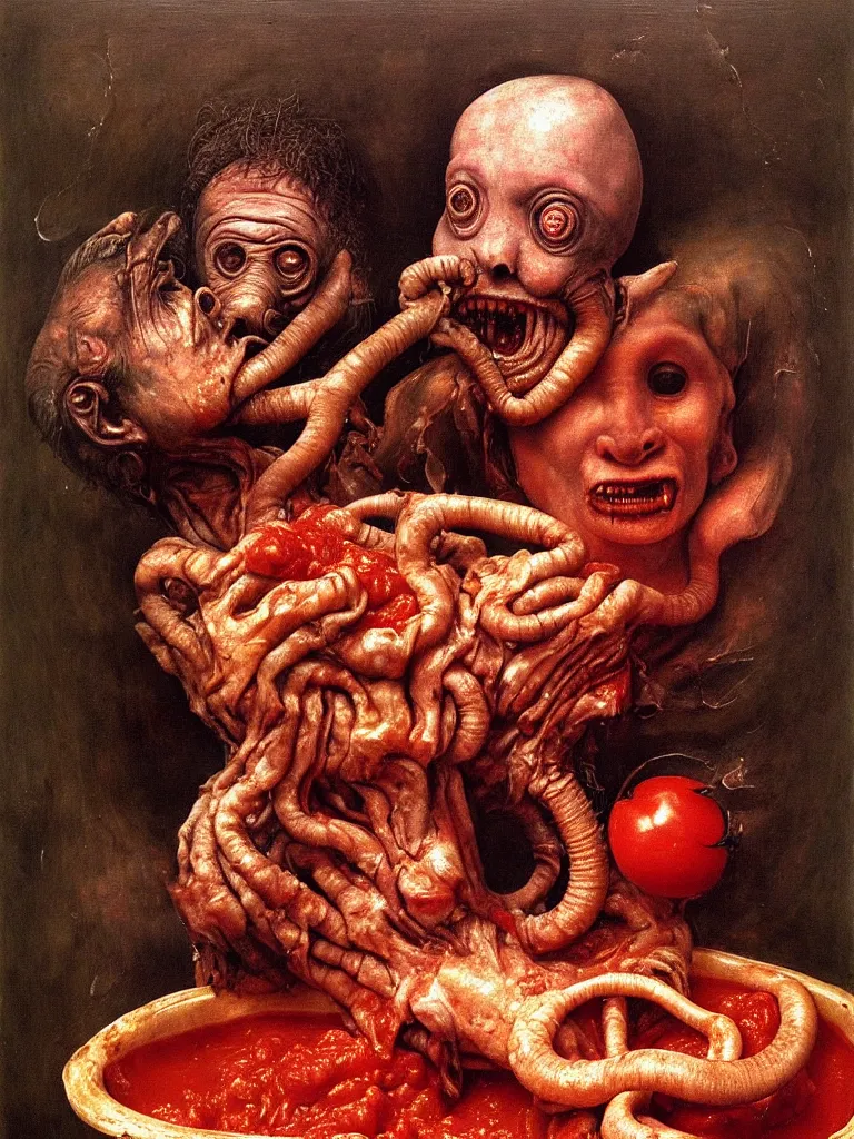 Prompt: a boy like eraserhead and elephant man sitting in a tub full of tomato sauce, looking straight into camera, screaming in desperation, composition full of golden ratios, by giuseppe arcimboldo and ambrosius benson, renaissance, fruit, intricate and intense oil paint, a touch of beksinski and hr giger and edward munch, realistic