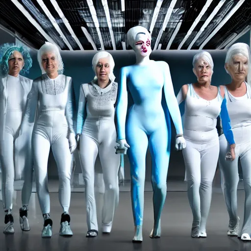 Image similar to troop of freak show women with white hair, white hair, tight light blue neopren suits, futuristic production facility, sci - fi, highly detailed, cinematic