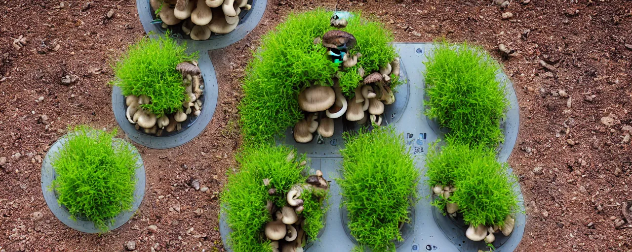 Image similar to mushroom-shaped electro static water condensation collector, irrigation, vertical gardens, in the desert, XF IQ4, 150MP, 50mm, F1.4, ISO 200, 1/160s, natural light