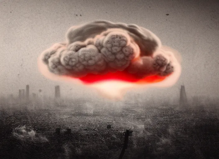 Image similar to soft drawing of a photorealistic life-like nuclear explosion with a mushroom cloud and shockwaves with dust and fog in the city. Centered. Horror dystopia style. Highly detailed 8k. Intricate. Nikon d850 300mm. Award winning photography.