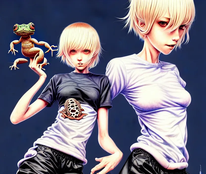 Image similar to richly detailed colored pencil 3D illustration of a beautiful French woman with short bleached blonde hair wearing a long Tshirt and black shorts that is soon to be swallowed whole by a giant evil toad demon. art by Range Murata and Artgerm.