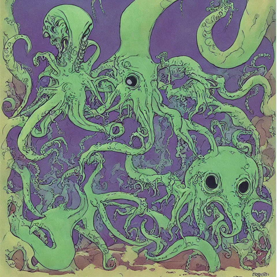 Image similar to art by roger dean. cute cthulhu icon avatar with a million eyes