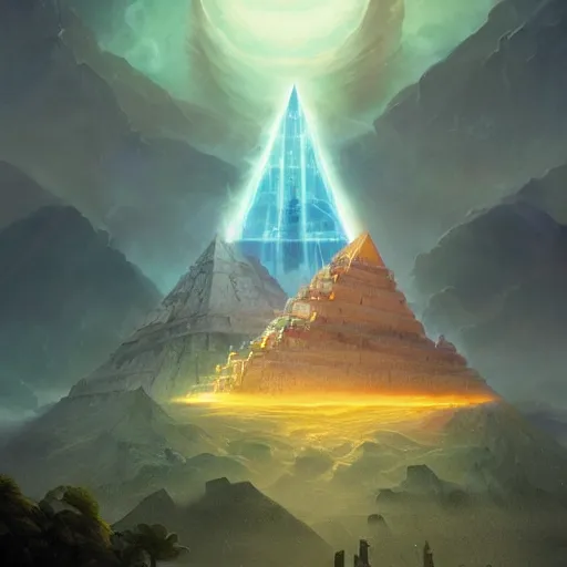 Image similar to ultradetailed pyramid structure emitting an energy beam into the atmosphere to terraform planet by peter mohrbacher and emmanuel shiu and martin johnson heade and bastien lecouffe - deharme