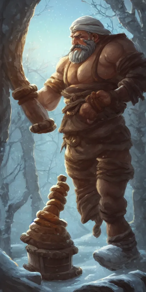 Prompt: Beautiful detailed high quality illustration of an old Slavic blacksmith, very strong and muscular man, a lot of Slavic decor elements and cloth::vibrant winter, romantic mood, morning sunlight::art by Ghibli Studio, League of Legends, Arcane, Wild Rift, trending on artstation::single body, no artefacts