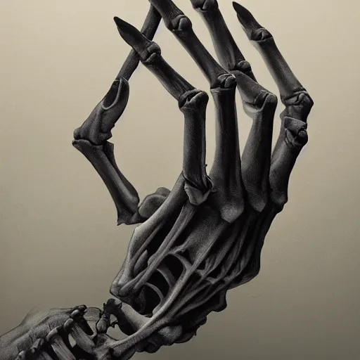 Image similar to A beautiful pale human hand holding a wretched skeleton hand, vertical symmetry, detailed hands, detailed skeleton hands, beautiful moody artwork by Greg Rutkowski and Asher Duran