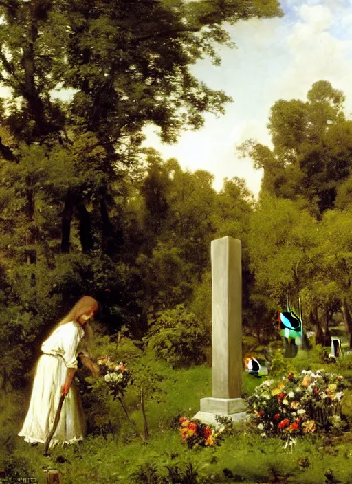 Image similar to artwork painting of a lush environment, a woman is laying flowers by a grave tombstone by eugene von guerard, ivan shishkin, john singer sargent