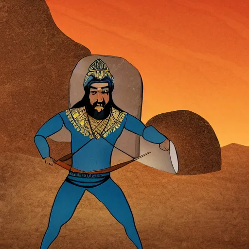 Image similar to persian folktale art style, barbarian on mars, standing atop boulder overlooking expanse, wearing a mask