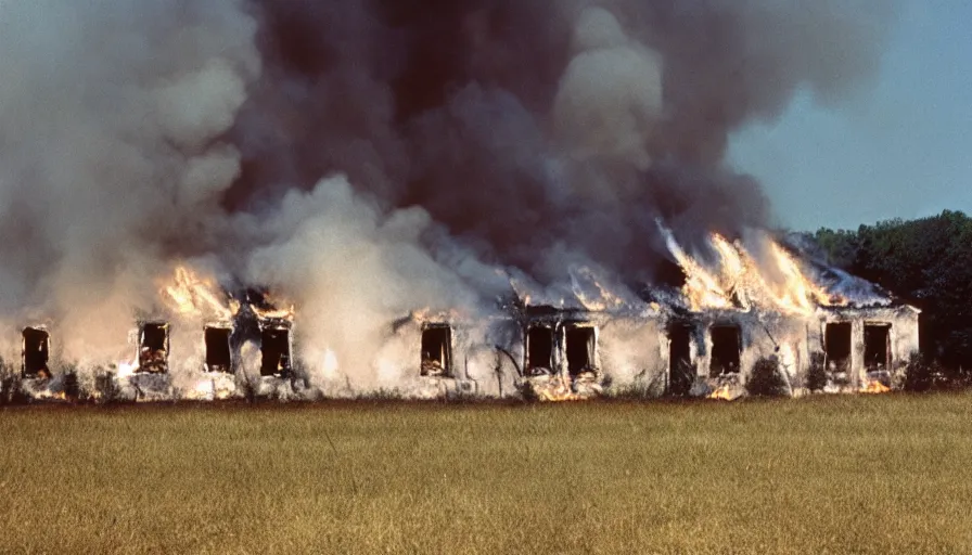 Image similar to 1 9 7 0 s movie still of a burning french style townhouse in a field, cinestill 8 0 0 t 3 5 mm, high quality, heavy grain, high detail, texture, dramatic light, ultra wide lens, panoramic anamorphic, hyperrealistic