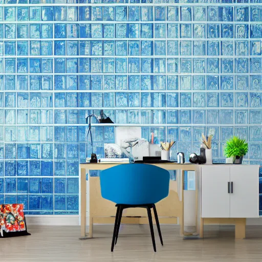 Prompt: interior of a modern office, pop art wallpapers, blue color scheme on furniture, photorealist, 4 k
