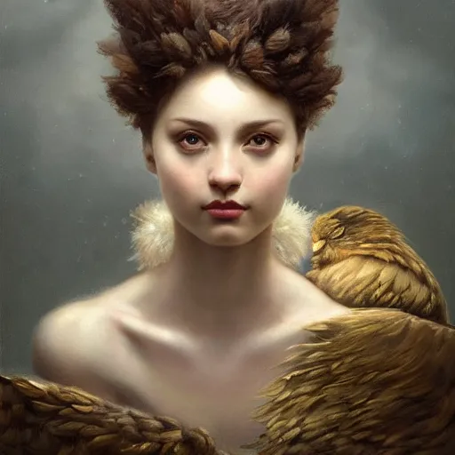 Image similar to highly detailed oil painting | very intricate | cinematic lighting | award - winning | super cute fluffy chick | by roberto ferri, by tom bagshaw, by j. c. leyendecker and klimt, beautiful cinematic light, american romanticism, by austin osman spare, artstation, cgsociety, official art, octane