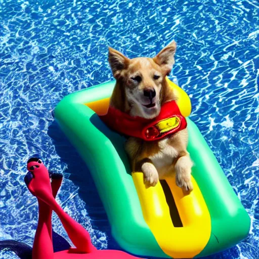 Image similar to Loki sitting on a flamingo pool float in a beautiful lake wearing colorful stockings