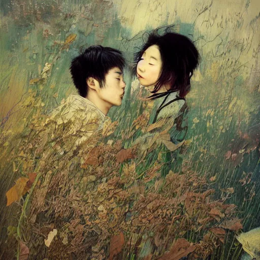 Image similar to a beautiful portrait of two young japanese lovers made of wind and plants and fragmented pieces, muted cold colors, consciousness of night, painting part by wojciech siudmak, part by ilya repin, part by norman rockwell, artstation