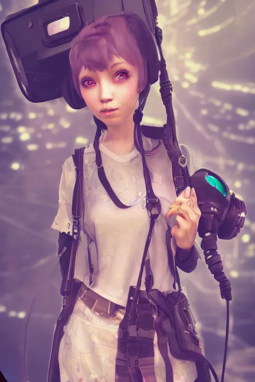 Image similar to solarpunk girl kawaii wearing oculus, ultra realistic, concept art, intricate details, highly detailed, photorealistic, octane render, 8 k